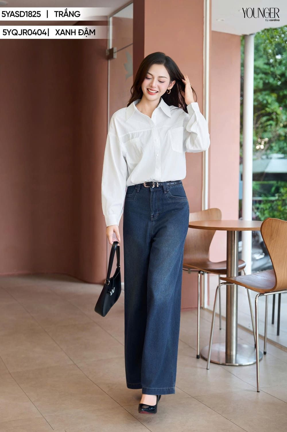 Quần jeans nữ Cardina dáng suông cạp cao mài nhẹ