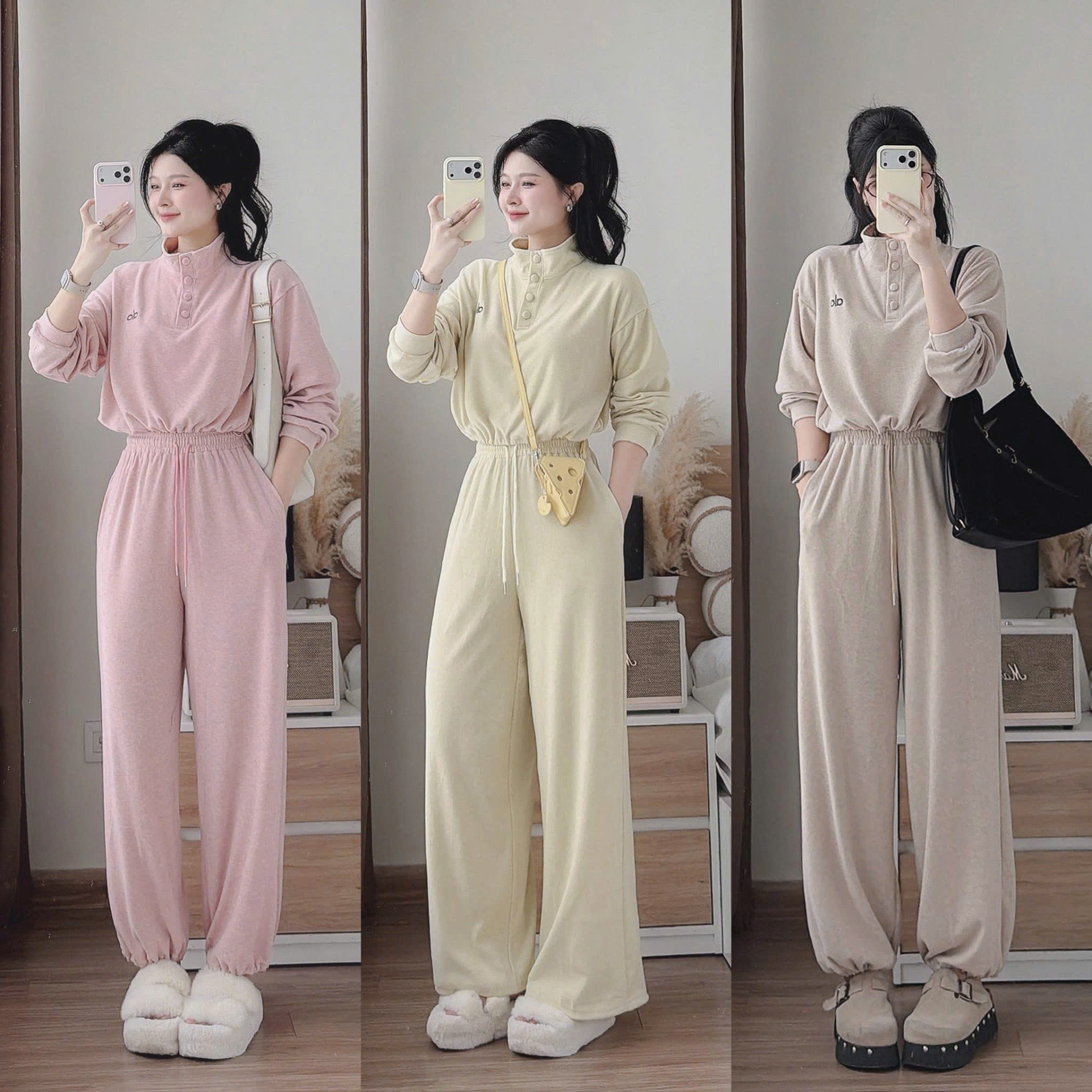 Bộ nỉ nữ cổ cao cúc bọc thêu logo ngực