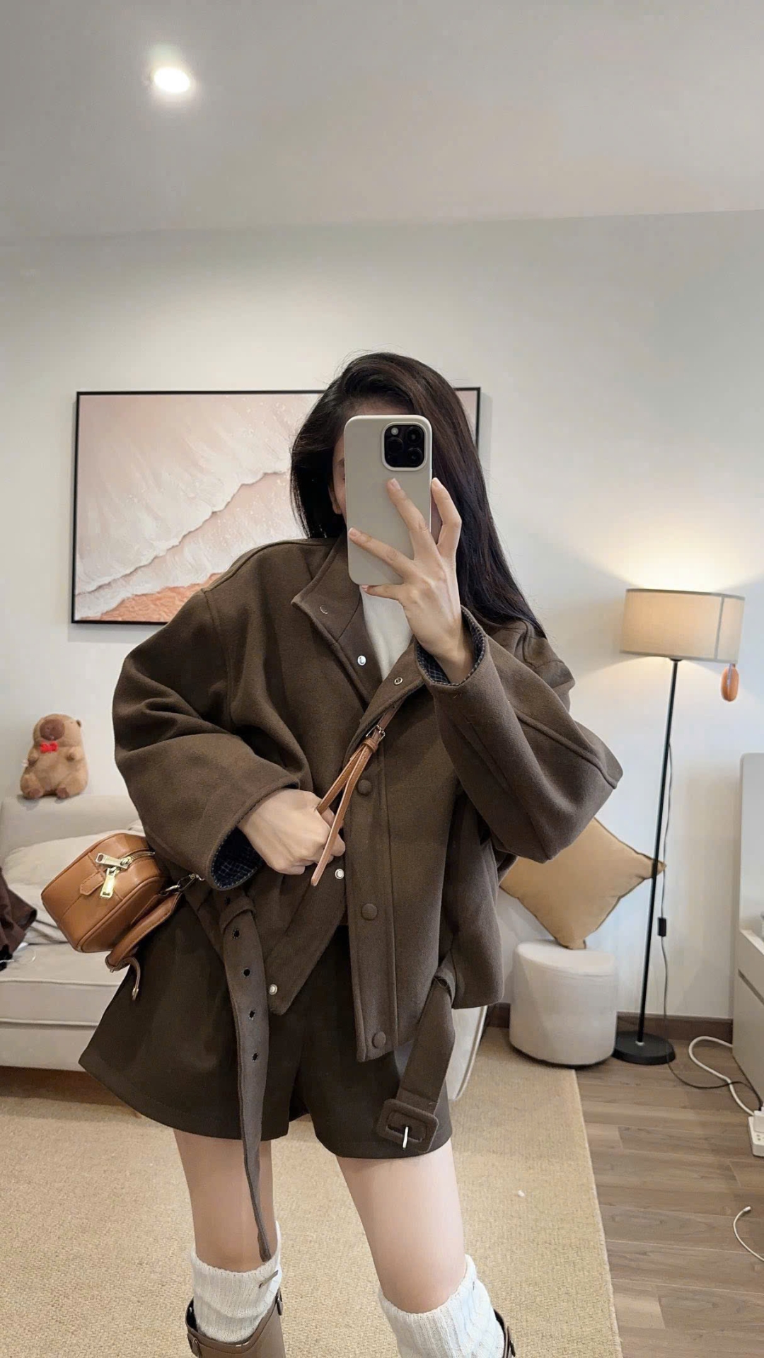 Áo Khoác Dạ Phối Kẻ Kèm Đai Dáng Lỡ