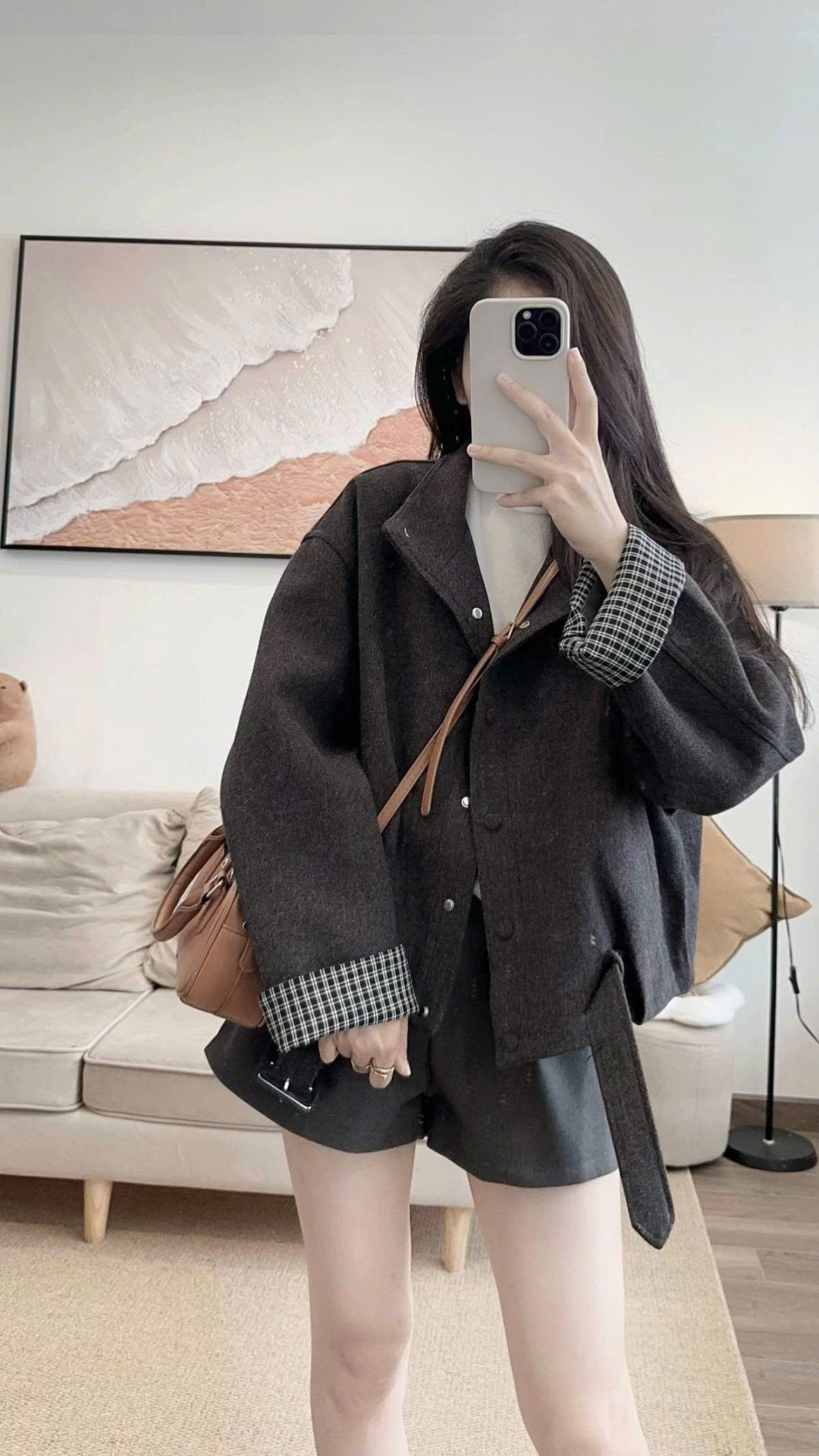 Áo Khoác Dạ Phối Kẻ Kèm Đai Dáng Lỡ