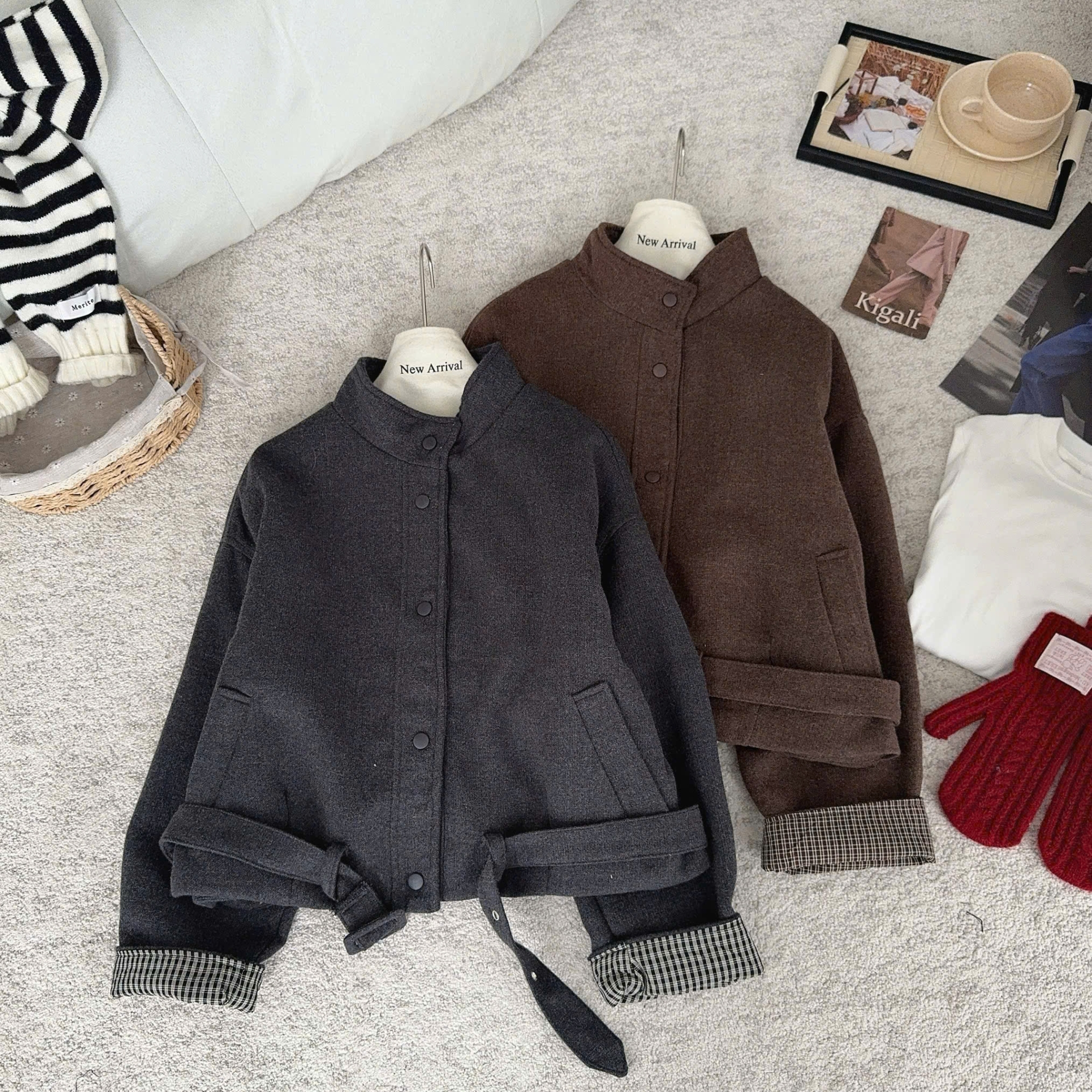 Áo Khoác Dạ Phối Kẻ Kèm Đai Dáng Lỡ