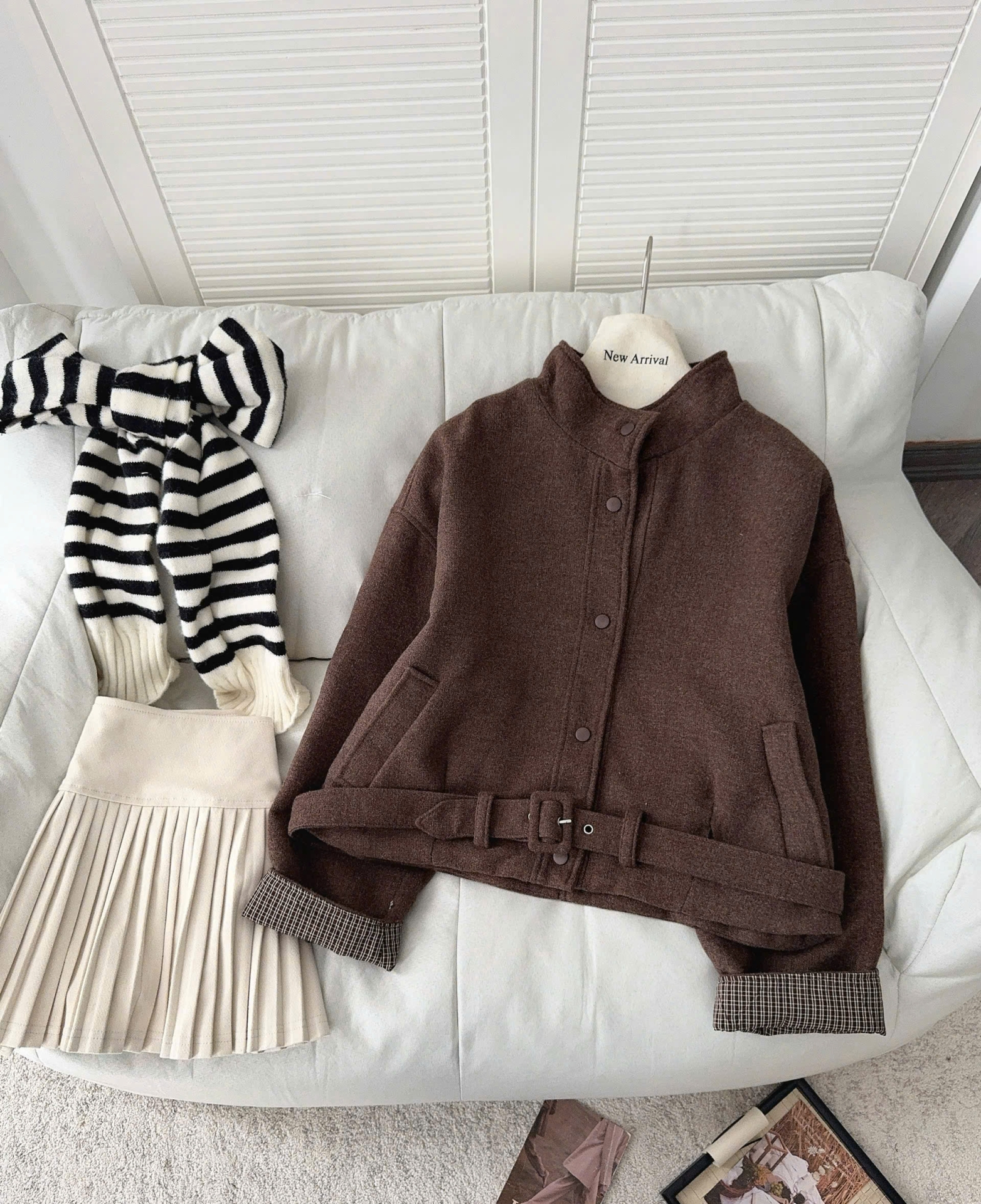 Áo Khoác Dạ Phối Kẻ Kèm Đai Dáng Lỡ